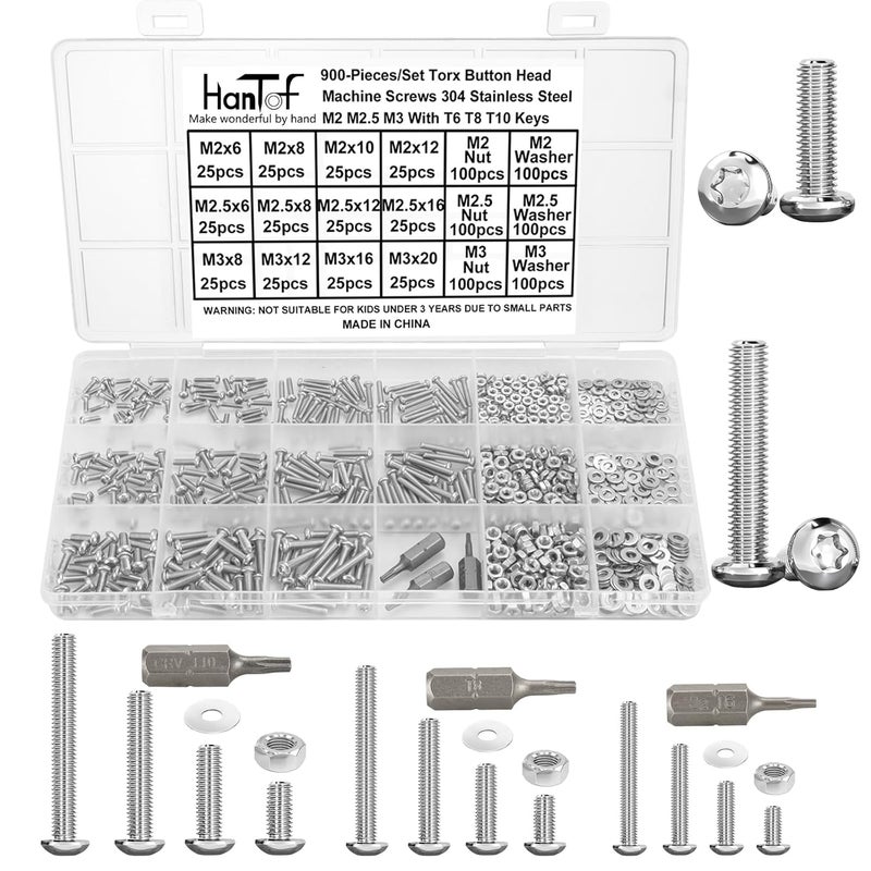 HanTof 900 Pcs Torx Button Head Screws, M2 M2.5 M3 Bolts and Nuts Washers Set, Star Drive Round Head Machine Screws 304 Stainless Steel, Small Torx Bolts Fully Threaded with T6 T8 T10 Wrench. - Image 1